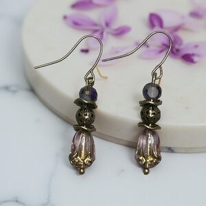 Artisan Lilac Glass Tulip Earrings with Antique Bronze and Golden Accents